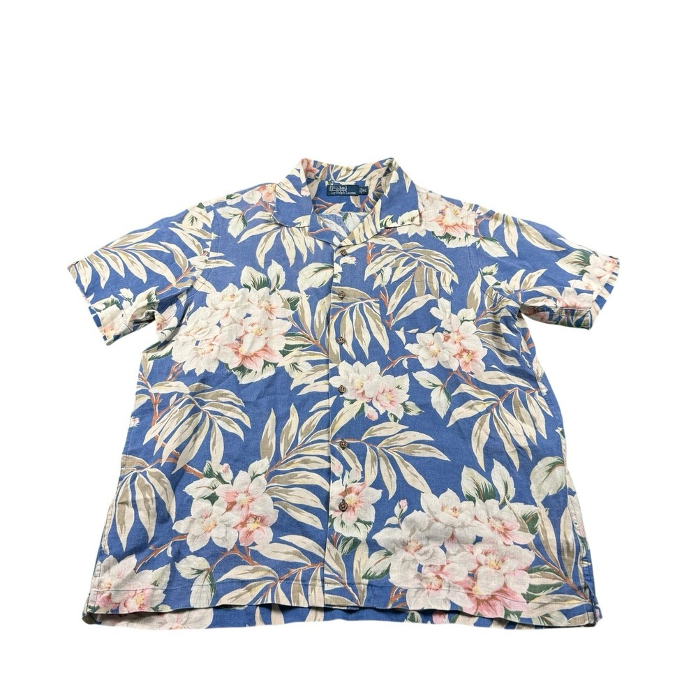 Polo Ralph Lauren VTG Loop Collar Pure Linen Hawaiian Floral Shirt Size XL